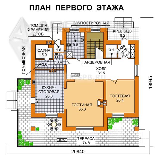 J-027-K проект дома из кирпича с большой террасой, балконом, сауной