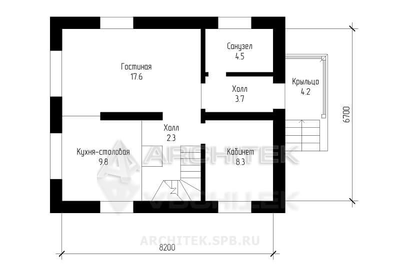 N-007-P Проект маленького простого дома из газобетона с мансардой 6.7х8.2