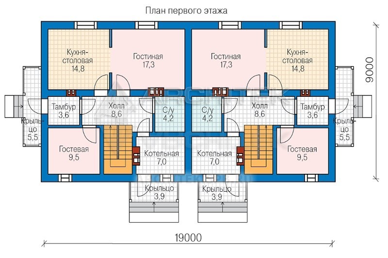 PD-001-2P проект дома из газобетона на две семьи 9х19