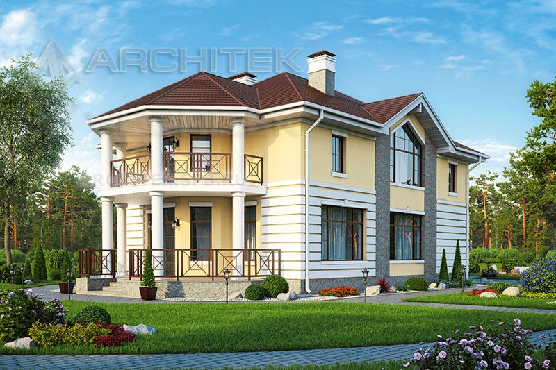 PD-026-1K Проект кирпичного коттеджа с мансардой, террасой и эркером