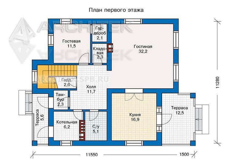 PD-031-K Проект простого двухэтажного кирпичного коттеджа с террасой