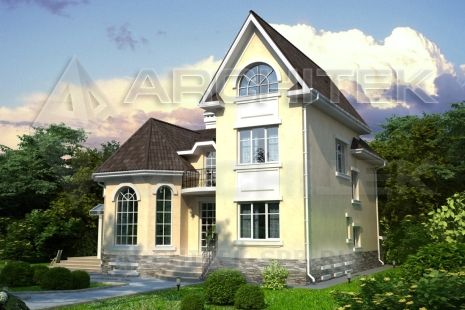 SM-003-K проект дома из кирпича с мансардным и цокольным этажом, эркером, вторым светом, бассейном, сауной