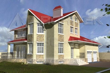 SM-004-K проект кирпичного дома с мансардой, цокольным этажом, гаражом, эркером, террасой