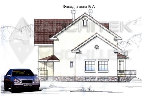SM-005-K проект кирпичного дома с цокольным этажом, эркером, балконом, террасой