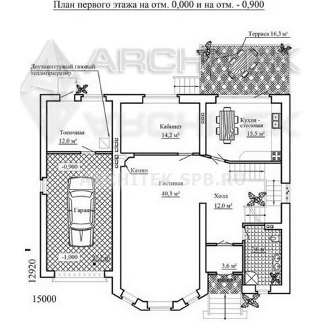 SM-008-K проект кирпичного дома с цокольным этажом, гаражом, эркером, террасой