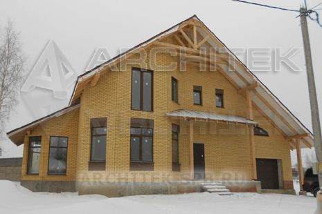 T-002-P Проект дома из пеноблоков с мансардой, гаражом, верандой, эркером, балконом 11×14