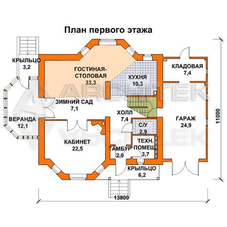 T-002-P Проект дома из пеноблоков с мансардой, гаражом, верандой, эркером, балконом 11×14