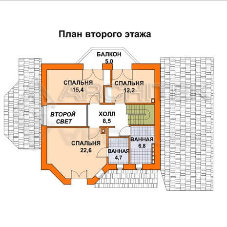 T-002-P Проект дома из пеноблоков с мансардой, гаражом, верандой, эркером, балконом 11×14