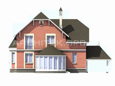 T-004-P Проект дома из пеноблоков с мансардой, гаражом-навесом, эркером, верандой, вторым светом