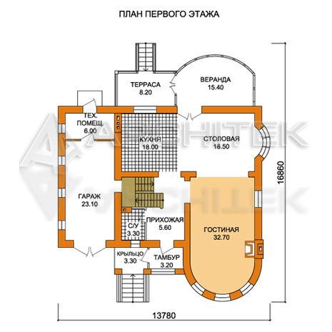 T-005-K Проект дома из кирпича с гаражом, мансардой, эркером, верандой