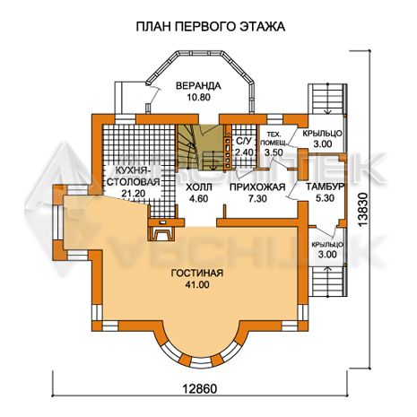 T-007-P Проект коттеджа из газобетона с мансардой, эркером, верандой 9×12.6