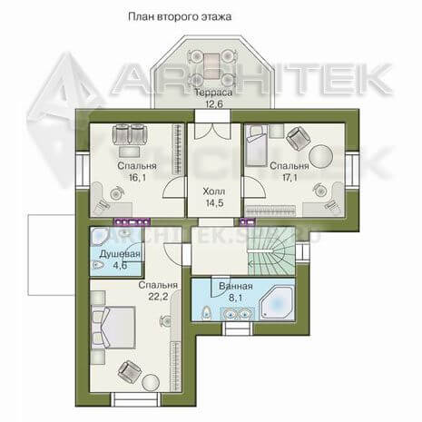 T-008-K Проект дома из кирпича с мансардой, эркером, балконом, верандой 10.8×11.4