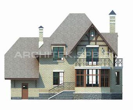 T-009-K Проект дома из кирпича с гаражом, мансардой, эркером, балконом, верандой