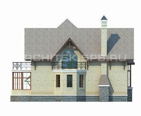T-009-K Проект дома из кирпича с гаражом, мансардой, эркером, балконом, верандой
