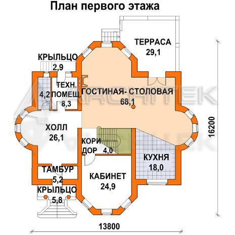 T-012-K Проект дома из кирпича с мансардой, балконом, эркером, вторым светом, террасой 14×16