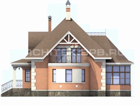 T-014-P Проект дома из пеноблоков с мансардой, гаражом, эркером, балконом, верандой 14.4×15.9