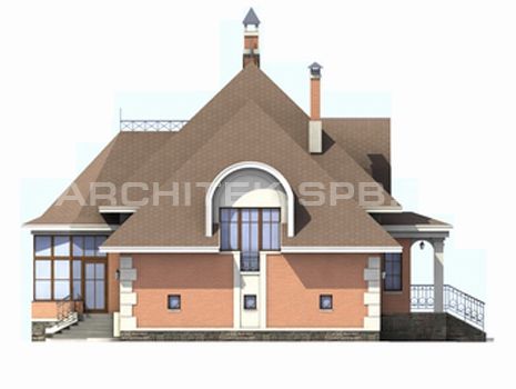 T-014-P Проект дома из пеноблоков с мансардой, гаражом, эркером, балконом, верандой 14.4×15.9