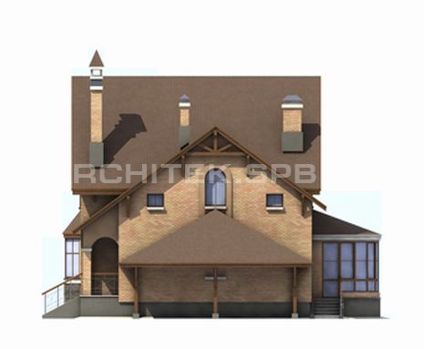 T-015-K Проект дома из кирпича с гаражом-навесом, эркером, верандой 8.7×9.9