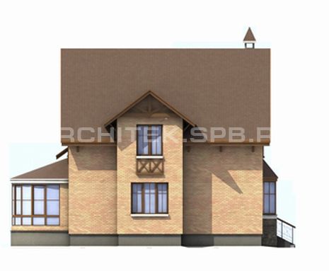 T-015-K Проект дома из кирпича с гаражом-навесом, эркером, верандой 8.7×9.9