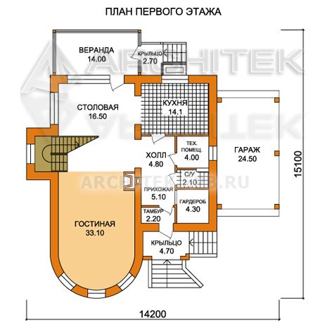 T-018-P Проект дома из пеноблоков с мансардой, эркером, гаражным навесом, верандой 14×15