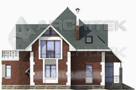 T-023-K Проект дома из кирпича с мансардой, эркером, балконом, сауной, террасой 13.5×17.2