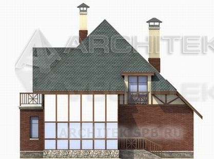 T-025-P Проект дома из газобетона с мансардой, балконом, верандой, эркером 13.3×16.6