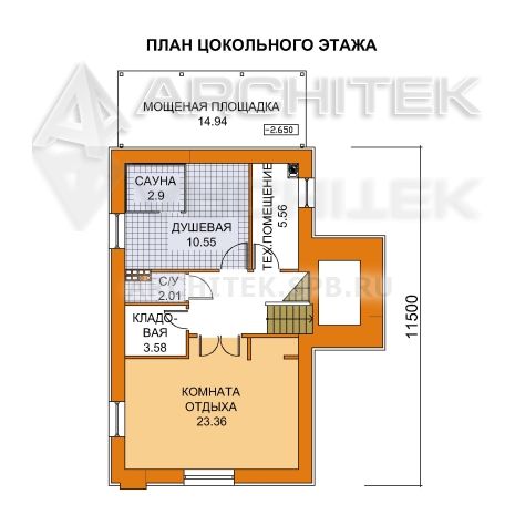 T-030-K Проект дома из кирпича с цокольным этажом, гаражом, мансардой, сауной, балконом 9.4×14.1