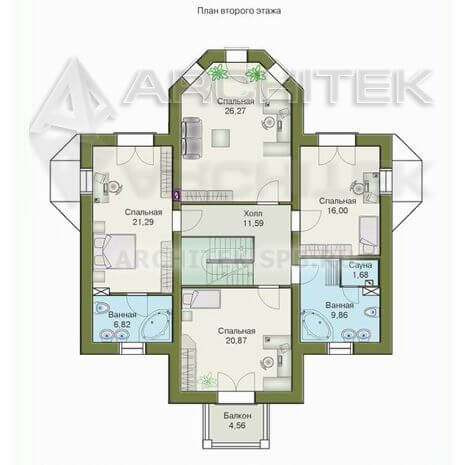 T-033-K Проект двухэтажного дома из кирпича с эркером, балконом, сауной, террасой 12×14