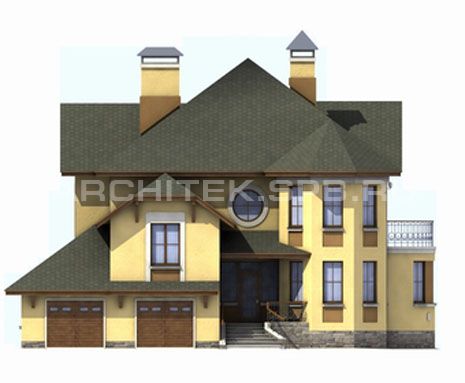 T-036-K Проект дома из кирпича с гаражом, верандой, эркером, балконом
