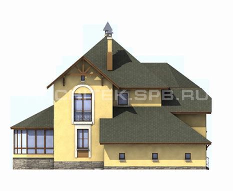 T-036-K Проект дома из кирпича с гаражом, верандой, эркером, балконом