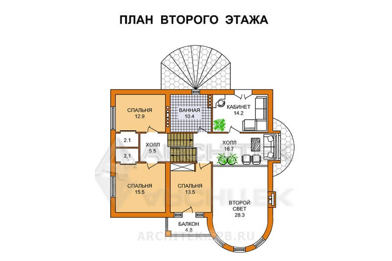 T-038-K Проект дома из кирпича с цоколем, мансардой, гаражом, эркером, вторым светом, балконом 11.7×12.3
