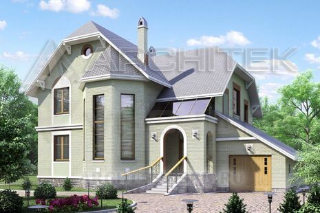 T-043-P Проект дома из пеноблоков с мансардой, гаражом, верандой 12.3×15.3