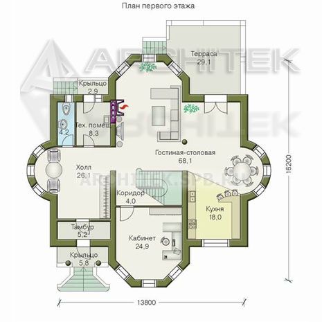 T-050-P Проект дома из газобетона с мансардой, эркером, балконом, террасой, вторым светом