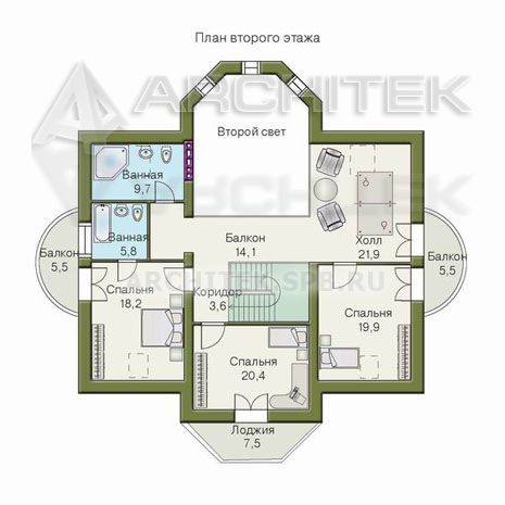 T-050-P Проект дома из газобетона с мансардой, эркером, балконом, террасой, вторым светом