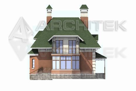 T-051-K Проект дома из кирпича с мансардой, эркером, балконом, верандой 9×12