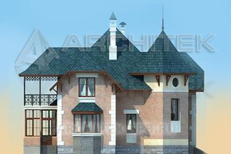 T-053-K Проект дома из кирпича с мансардой, эркером, балконом, верандой 11.4×12.9