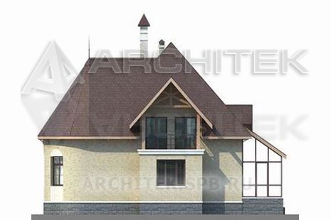 T-054-K Проект дома из кирпича с эркером, мансардой, балконом, верандой 11×13