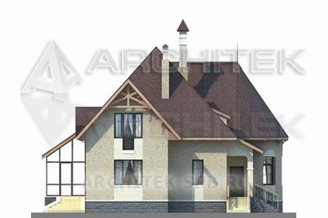 T-054-K Проект дома из кирпича с эркером, мансардой, балконом, верандой 11×13