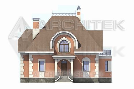 T-058-K Проект дома из кирпича с мансардой, балконом, эркером, верандой 11.7×15.9