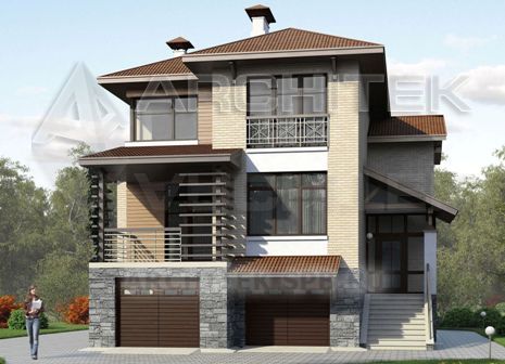 T-061-1P Проект дома из газобетона с гаражом, сауной, цокольным этажом, балконом 11.1×14.7