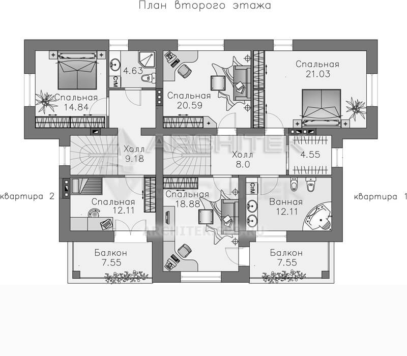 T-063-1P Проект двухквартирного дома в классическом стиле 11.4х17.1