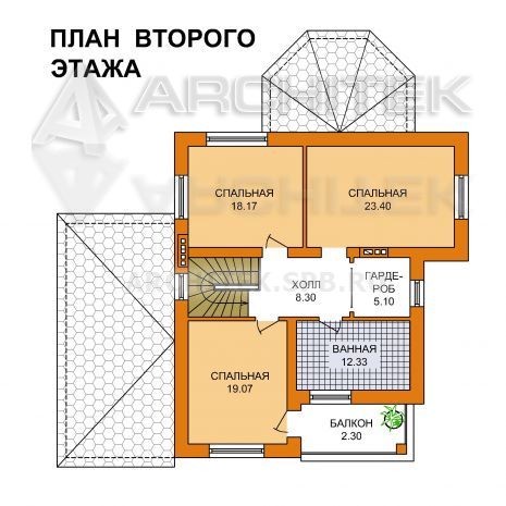 T-063-K Проект двухэтажного дома из кирпича с гаражом, балконом, верандой 14.7×15.6