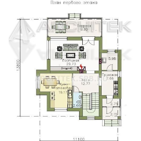 T-064-K Проект коттеджа из кирпича с балконом и террасой 11.1×13.8