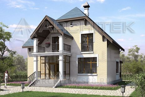 T-065-P Проект дома из газобетона с мансардой, балконом, верандой 10.8×13.8
