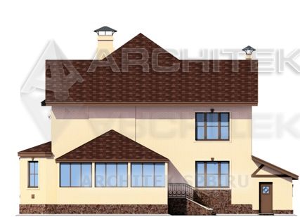 T-069-K Проект двухэтажного дома из кирпича с гаражом, эркером, верандой 14.1×15.3