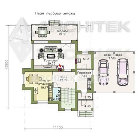T-072-P Проект двухэтажного коттеджа из пеноблоков с гаражным навесом, балконом, террасой