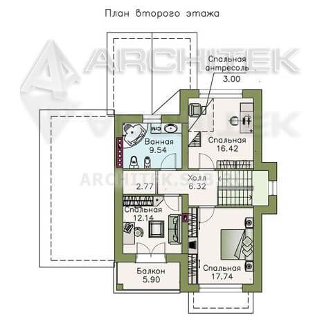 T-076-K Проект дома из кирпича с мансардой, гаражом, балконом, террасой 12.9х14.4