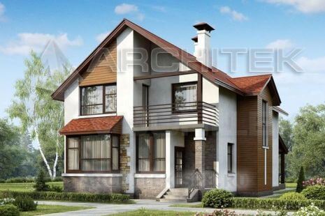 T-077-P Проект дома из газобетона с мансардой, балконом, эркером, террасой 10.8х16.5