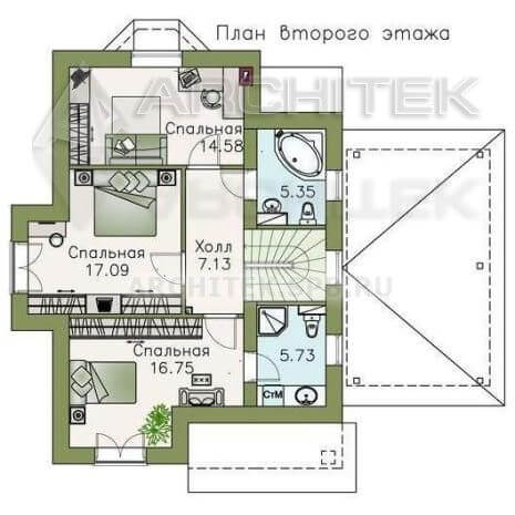 T-083-P Проект небольшого дома из пеноблоков с мансардой, эркером, гаражом-навесом 8.7×11.1
