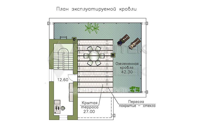T-092-P Проект современного дома из газобетона с эксплуатируемой кровлей, террасой, балконом 10.5×11.1